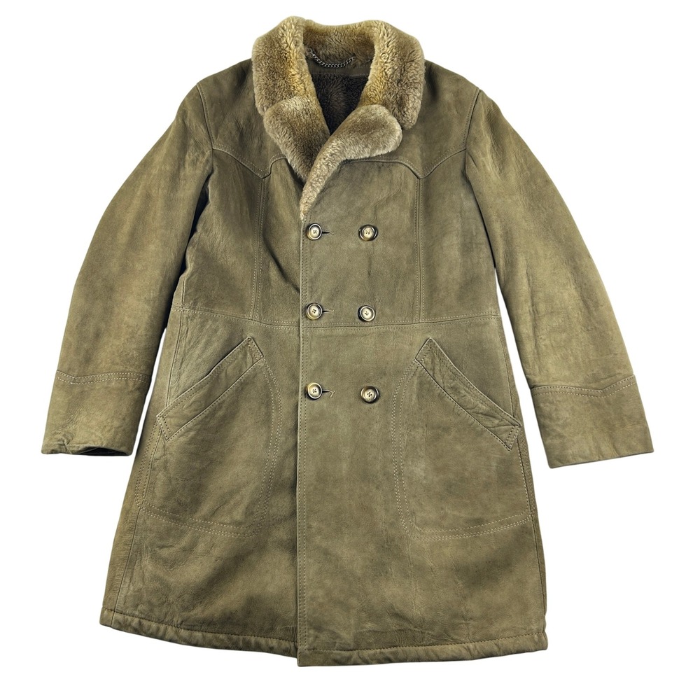 Vintage Shearling Coat 70s Suede Brown‎ Double Breasted Mid Length Mens M